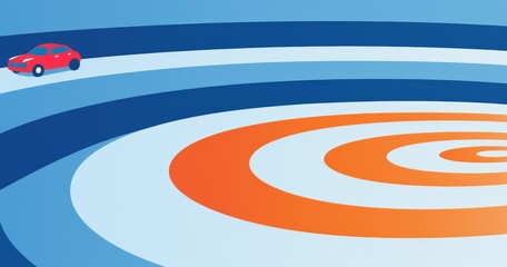 A stylized illustration of a car driving on concentric lines representing movement.