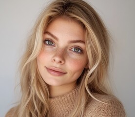 Fototapeta premium A beautiful woman with smooth skin, a close-up of her face on a white background