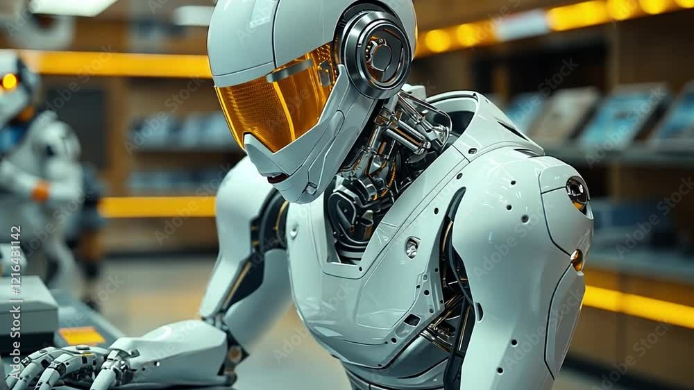 Poster a humanoid robot interacts with a computer in a futuristic tech store during the day
