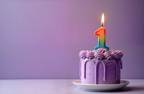 Purple birthday cake with burning candle. One year old celebration. Sweet treat on purple background. Festive dessert. Cake decorated with purple frosting, dripping icing. Fun colorful occasion.