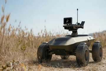 Fototapeta premium Robotic vehicle navigating through a field under clear skies with a control screen