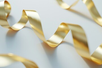 Golden ribbons curving elegantly on a white background, creating a festive and celebratory atmosphere