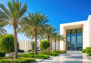Modern villa in Dubai, with white walls and concrete accents, glass windows, palm trees outside, greenery around the yard