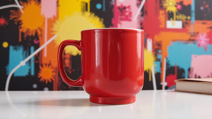 Obraz premium Bright red mug with books and abstract artwork background