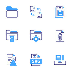 File icon set. Bold line style. Duotone colors. Editable stroke. remove file, svg file, attached file, exchange, save file, file, file upload, corrupted file, folder
