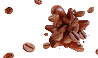 3d render coffee beans splashing water of coffee isolate background
