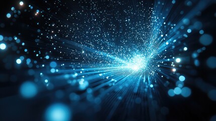 Abstract digital background featuring dynamic lines and glowing particles in varying shades of blue.