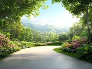 Serene Winding Path Through Lush Green Landscape.