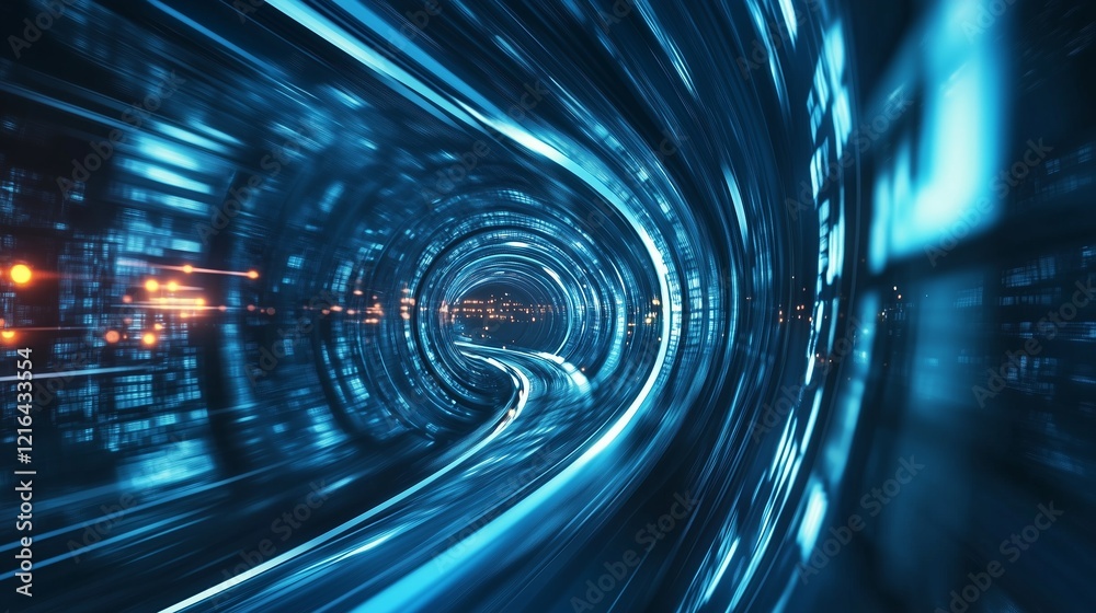 Fototapete A digital tunnel stretches into the distance, illuminated by vibrant blue lights and intricate patterns. This captivating view creates a sense of movement and depth.