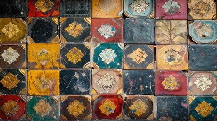 A colorful arrangement of decorative tiles showcasing intricate patterns and textures.