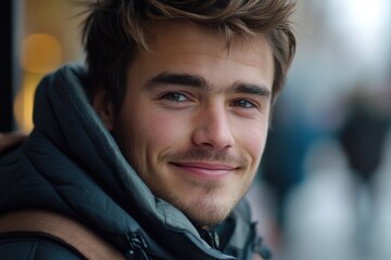 Young man smiles warmly while standing outdoors in a busy urban setting during a chilly day