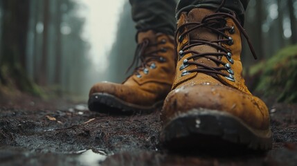 Hiking boots on muddy trail, misty forest background