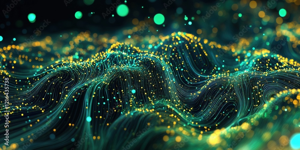 Poster abstract digital landscape with flowing lines and glowing particles, representing waves of data and 