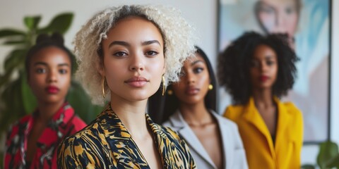Fototapeta premium Diverse group of stylish women showcasing fashion and beauty in vibrant outfits, featuring curly hair and confident expressions