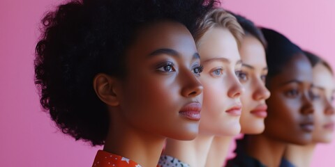 Obraz premium Diverse group of women showcasing beauty and individuality against pink background, highlighting different skin tones, hairstyles, and facial features
