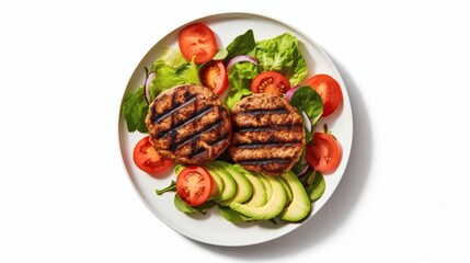 Delicious grilled chicken burgers served with fresh vegetables in a vibrant salad bowl