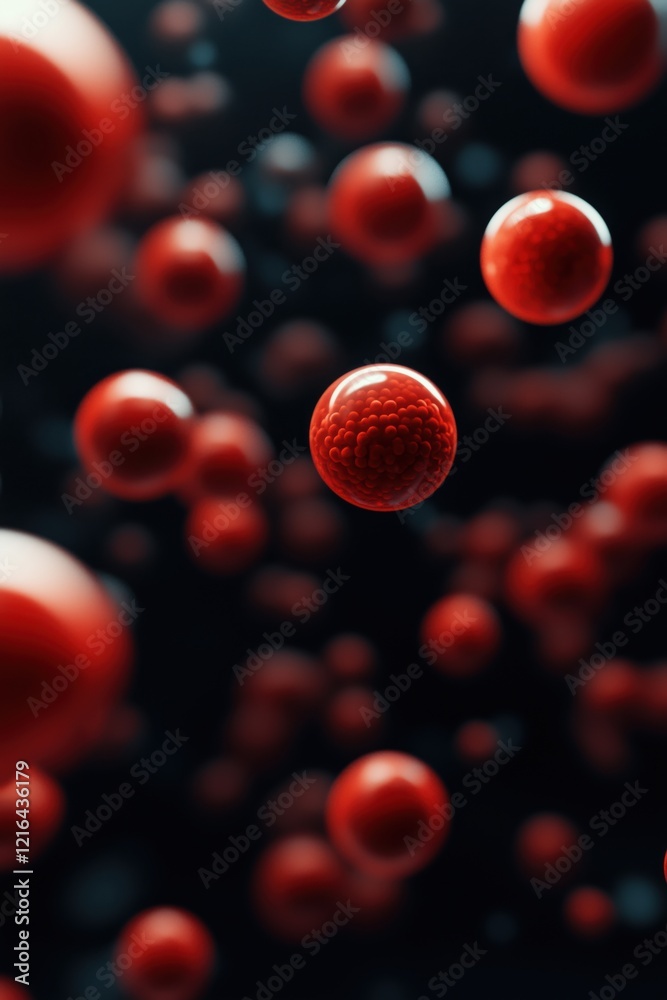 Poster red spherical cells floating in dark background, showcasing intricate textures and patterns, represe