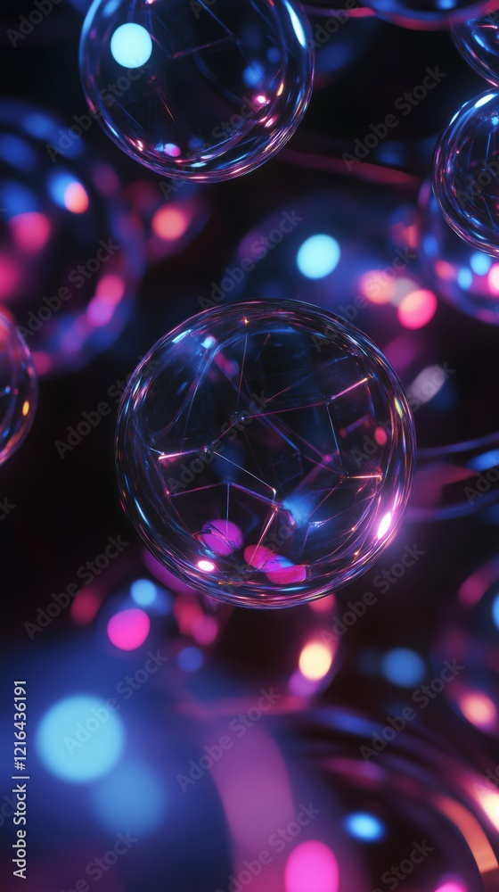 Poster colorful glowing bubbles with intricate patterns and vibrant lights in a dark background, creating a