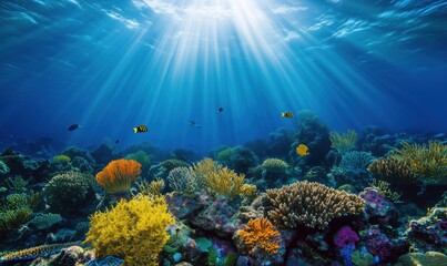 Vibrant Coral Reef Ecosystem with Colorful Fish and Sunlight Rays Penetrating Water Surface