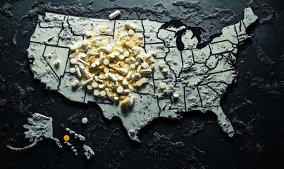 Opioid Crisis Depicted with Spilled Prescription Pills on United States Map, Highlighting the Epidemic of Drug Addiction, Generative AI