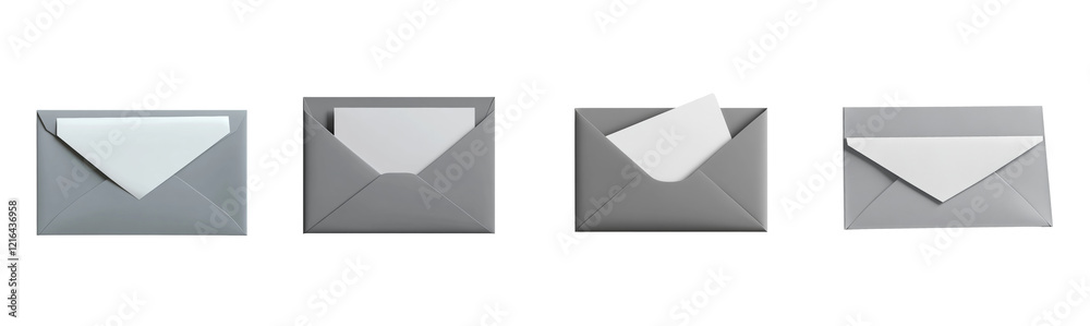 Aufkleber Four grey envelopes are shown with white paper inserts in various states of being inserted to illustrate different stages.