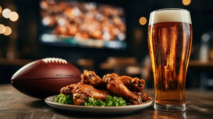 A plate of buffalo wings and glass of crafted beer and football on the table, blurry big TV screen with American football game on in background. Watching football match
