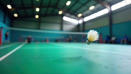 Badminton shuttlecock in mid-air over green court. Players in match blurred in background of indoor arena. Sporty action captured during competitive play. Pro game indoor stadium. Action shot of