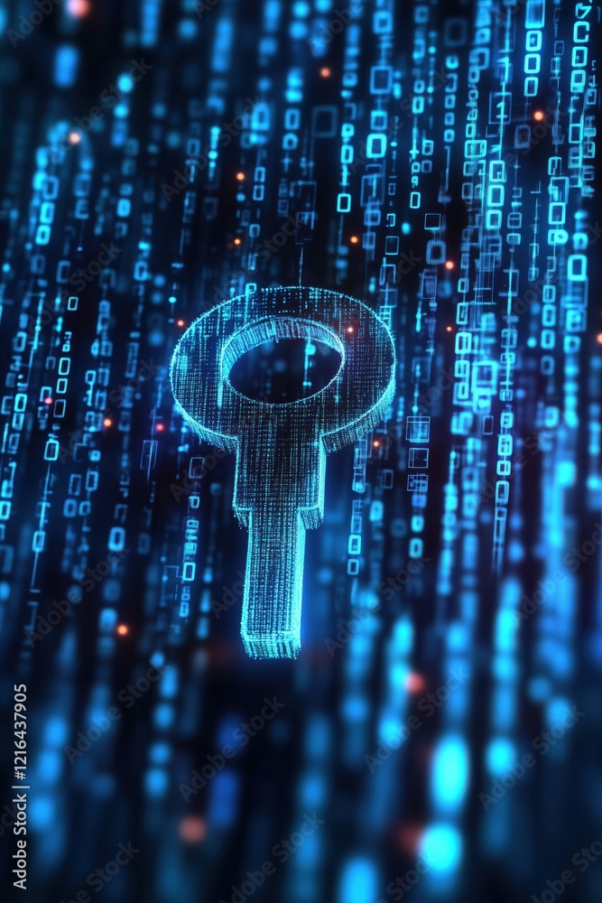 Poster Digital Key Symbolizing Cybersecurity and Data Protection in a Matrix of Binary Code