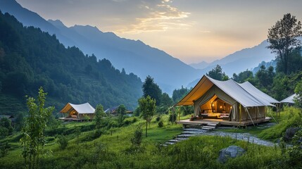 Obraz premium a couple of tents sitting on top of a lush green hillside