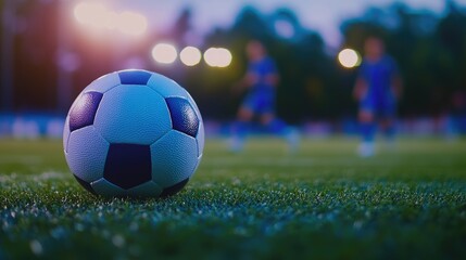 Soccer ball on field, night game, players blurred background, sports imagery