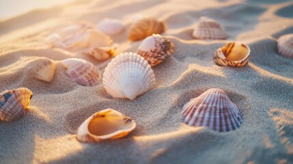 Artistic photo of a collection of seashells and sand arranged on a beach towel. Soft sunlight enhancing the textures. Emphasizing beach life and nature. Perfect for beach and nature content.