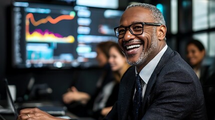 Happy businessman office data charts success