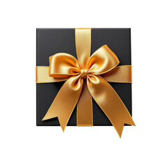 Black gift box with gold silk ribbon bow on top view isolated on transparent background