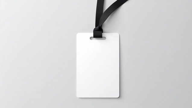 Vertical mockup of plastic id card with black ribbon. Template is designed for employees or exhibitors.