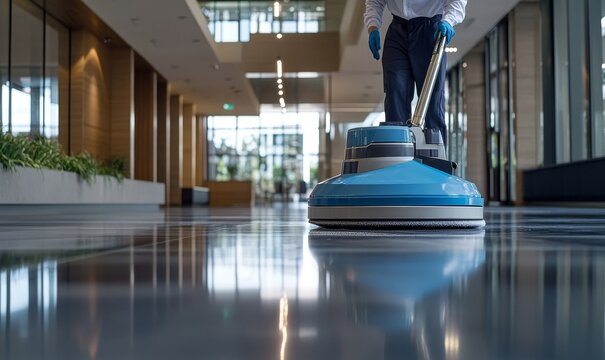 Professional janitorial staff using an industrial floor buffer machine for cleaning and polishing the hallway of a modern corporate or commercial building, Generative AI