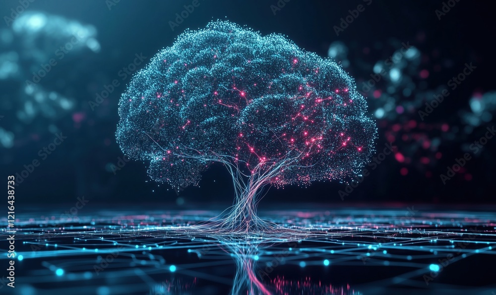 Poster Digital tree with glowing nodes and connections representing data flow and technology, set against a dark background with abstract patterns