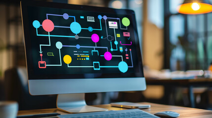 Colorful business flow chart on computer screen.