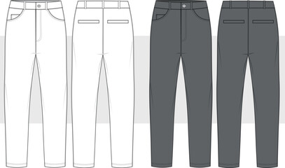 Men's Casual chino trouser pant front and back view flat sketch fashion illustration drawing, slim fit denim jeans pants vector template, CAD, Mockup.
