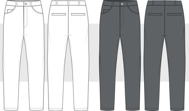 Men's Casual chino trouser pant front and back view flat sketch fashion illustration drawing, slim fit denim jeans pants vector template, CAD, Mockup.