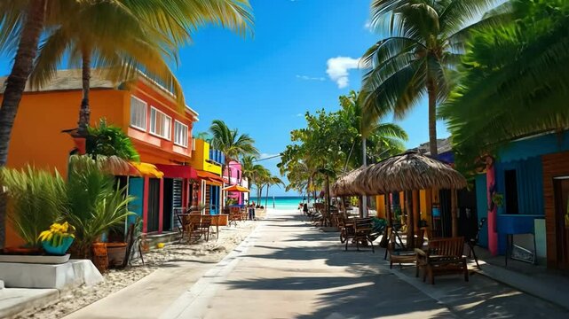 A vibrant, colorful street in a tropical city.
