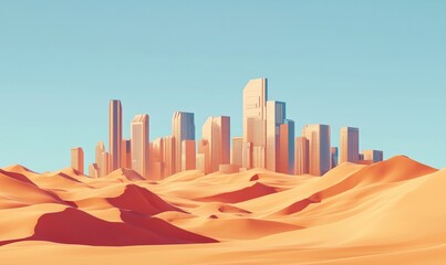 Futuristic city skyline emerging from vast desert landscape, showcasing modern architecture and vibrant colors under clear blue sky