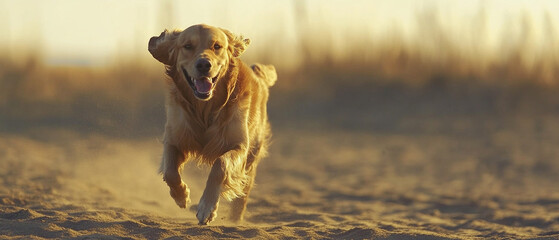 Joyful Golden Retriever Running Along Sandy Beach Embracing the Sunlight and Freedom Capturing the Essence of Playfulness and Happiness in a Beautiful Outdoor Setting