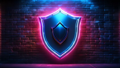 A glowing shield emblem against a dark brick wall, illuminated with vibrant neon lights, creating a modern and protective atmosphere.