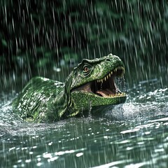Fototapeta premium Tyrannosaurus Rex swimming in rain, jungle background; prehistoric animal illustration