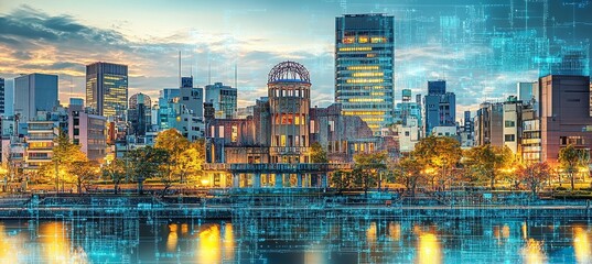 Fototapeta premium Hiroshima Peace Memorial Park Integrated With Digital Network, Symbol Of Peace And Technology