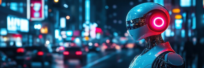Obraz premium Futuristic robot in neon-lit cityscape, showcasing advanced technology and urban nightlife, with glowing elements and vibrant colors
