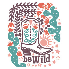 Cowgirl boots with cactus art print decoration. Vector wild west illustration for printing isolated on white background