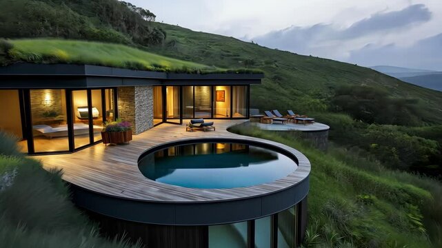 Enveloped in lush greenery, this contemporary hideaway features expansive windows that showcase breathtaking valley views as evening light begins to fall.
