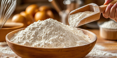 close up of hand scooping flour into wooden bowl, surrounded by baking ingredients