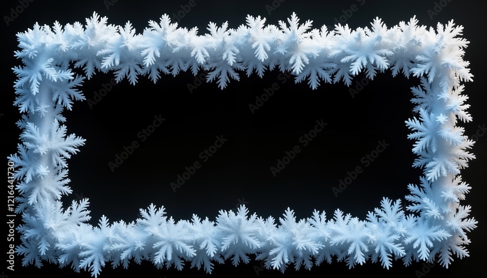 Poster frosty frame of delicate snowflakes on dark background. winter wonderland design. artistic abstract 
